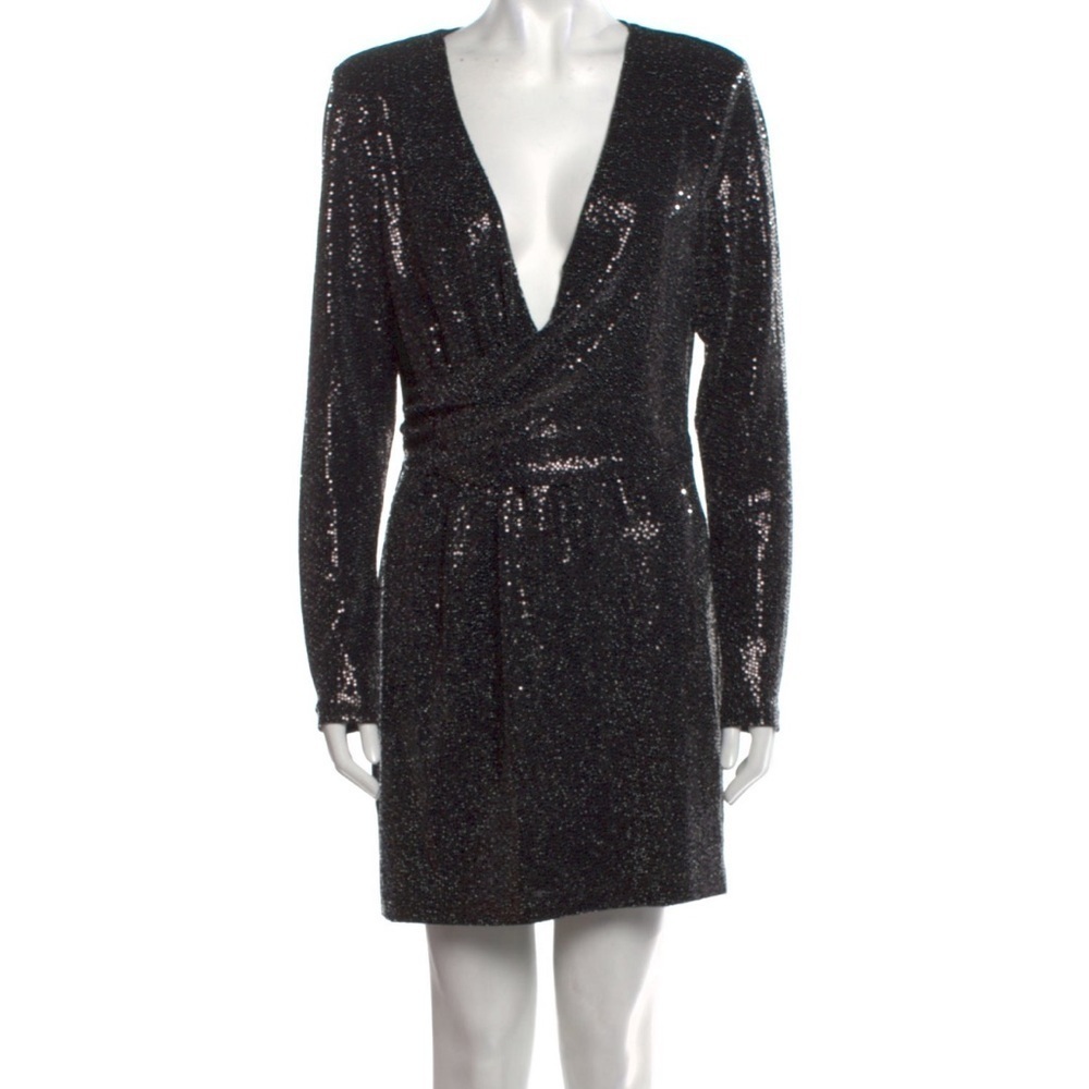 Ramy Brook Blair Womens Cocktail Dress Size 4 Black Long Sleeve V-Neck Sequined